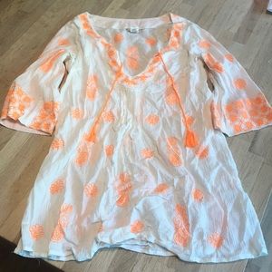 Trina Turk white with orange embroidery coverup, L